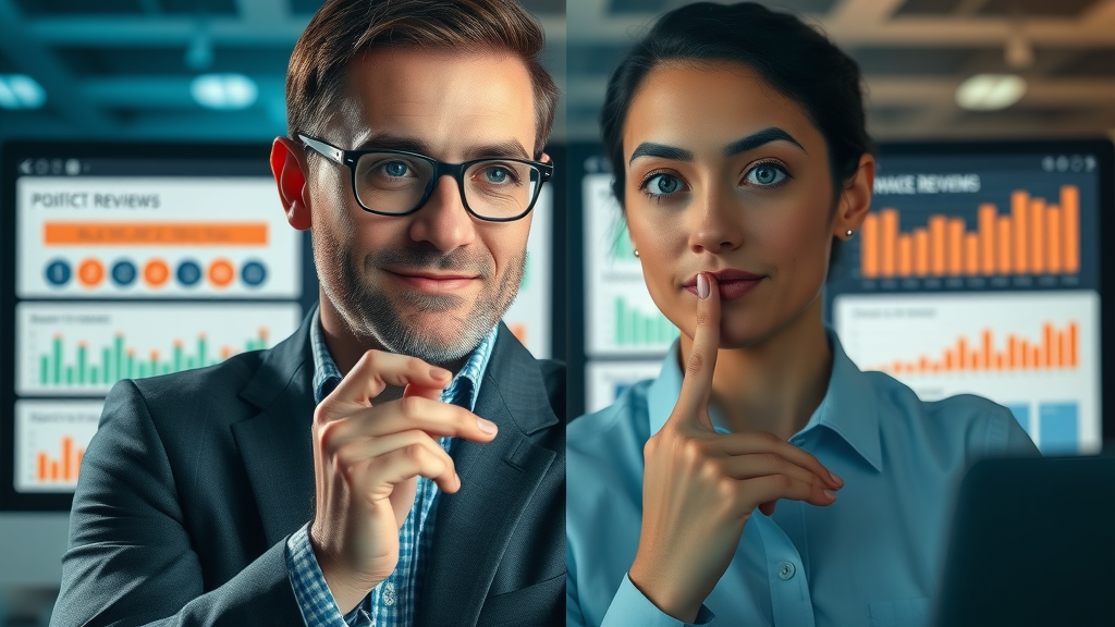 contrasting business scenarios, positive and negative online reviews analyzed, review response techniques comparison, interactive charts, split-screen customers