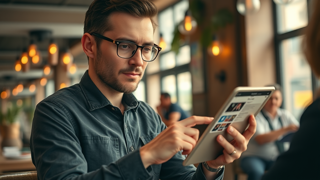 small business owner scheduling social media posts on a tablet for marketing success