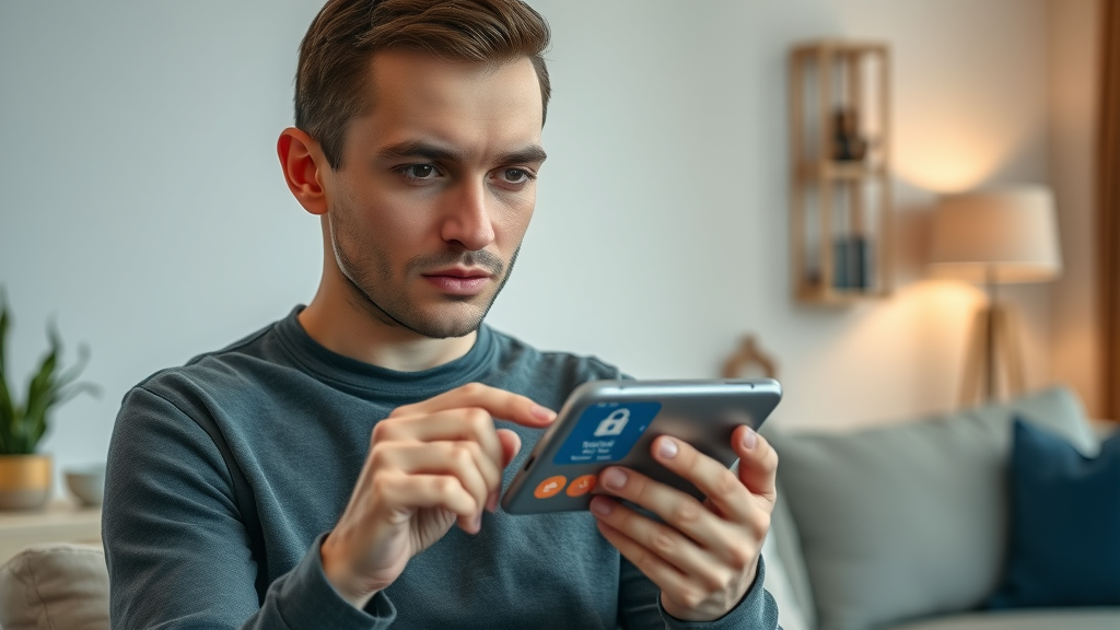 calm user adjusting privacy settings to turn off personalized ads, smartphone interface, security icons glowing, pastel living room