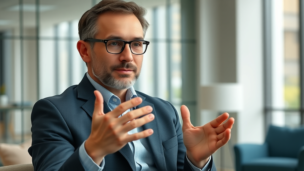 Content distribution expert in modern office, mid-discussion