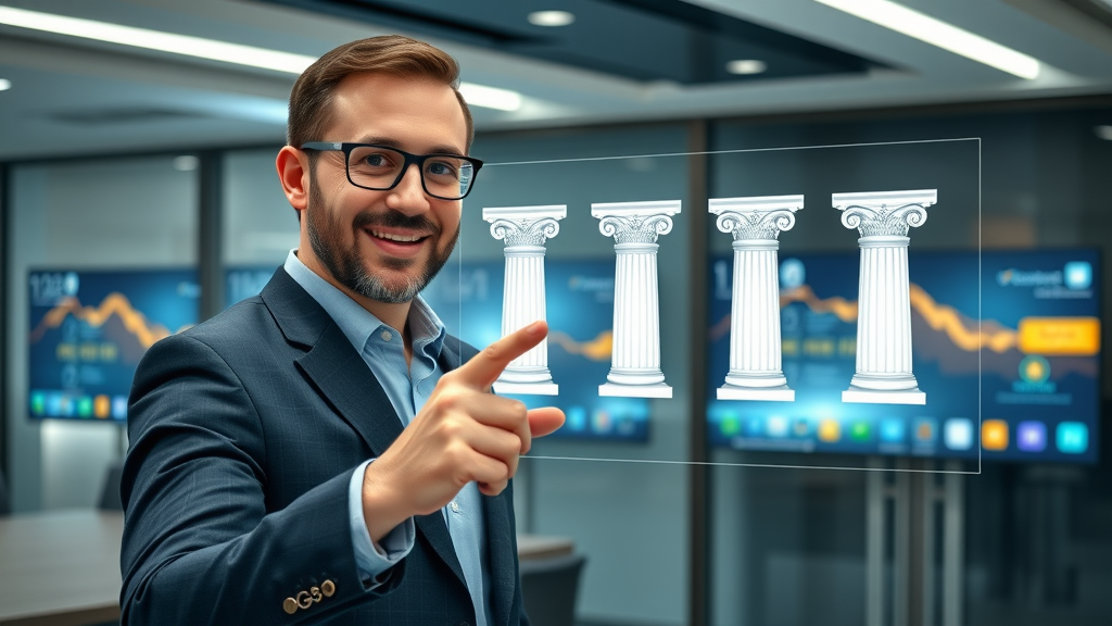 omnichannel strategist pointing at four interconnected digital pillars representing omnichannel marketing framework