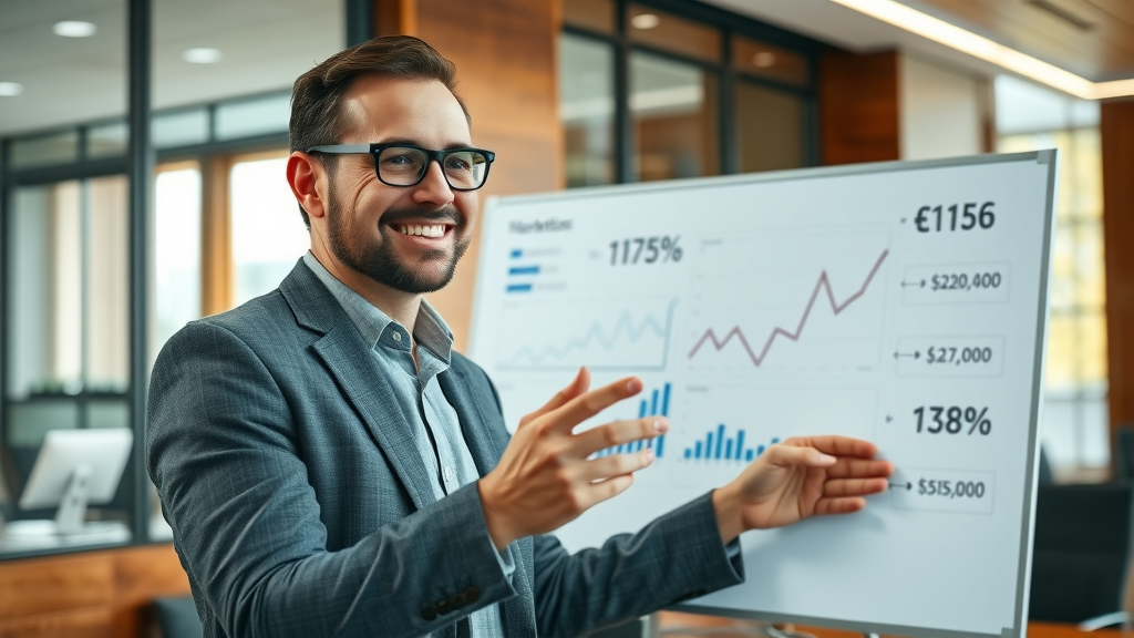 ambitious marketing strategist analyzing digital marketing tactics and trends on digital whiteboard