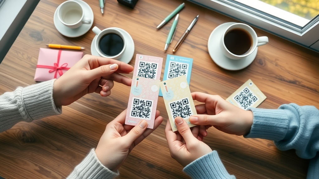 colorful small business cards with qr codes being exchanged, supporting small business marketing tips