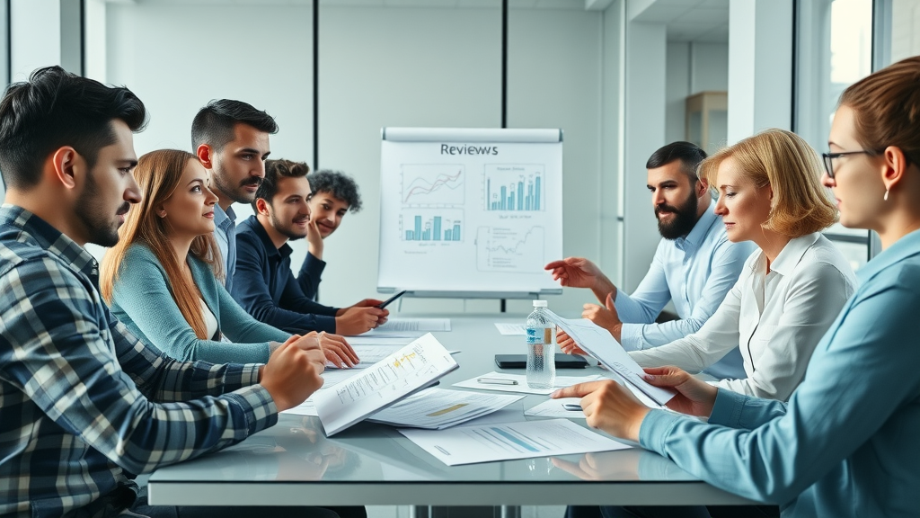 Business team discussing online customer reviews and analyzing customer feedback reports