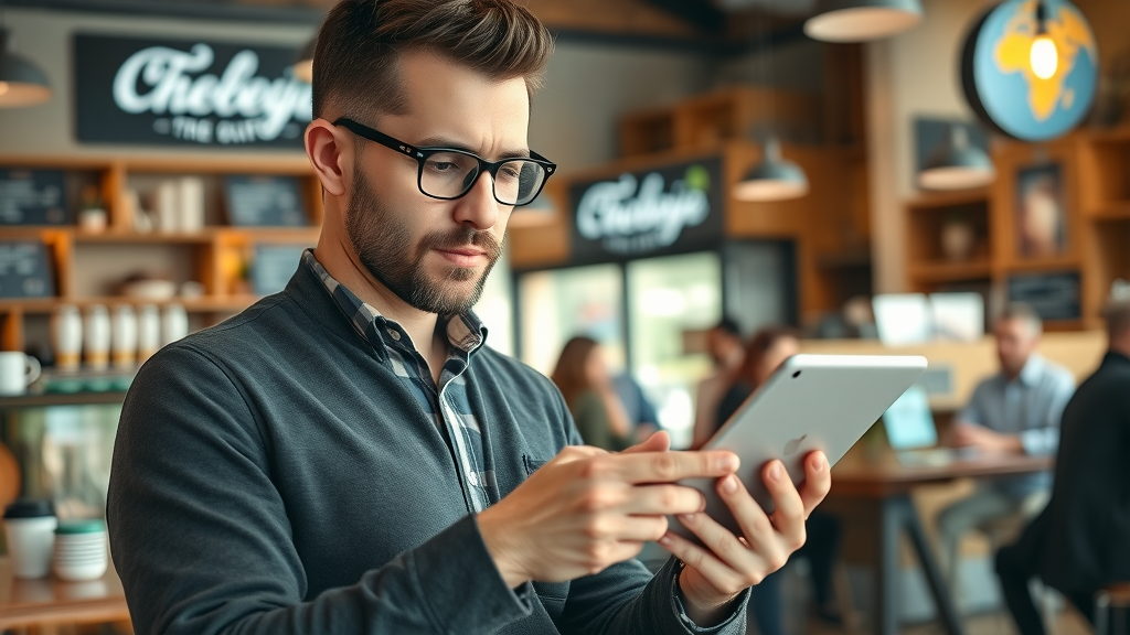 Small business owner reviewing online feedback for online reputation management for small business in a cozy cafe