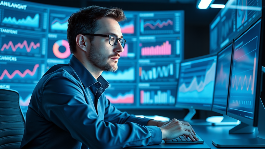 analytical strategist reviewing futuristic content marketing analytics dashboard