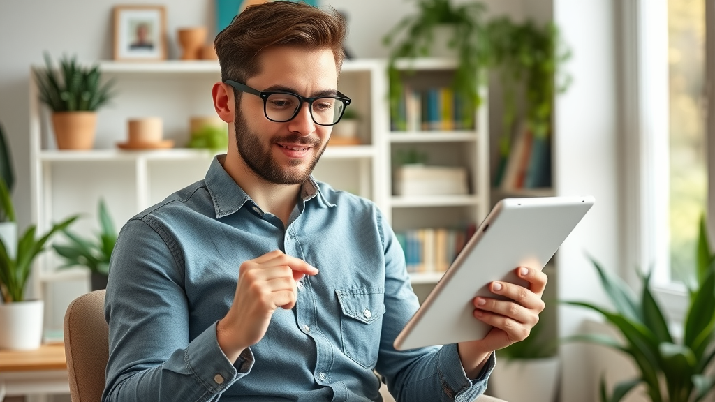ambitious entrepreneur reading the Ultimate Blogging Guide on tablet in cozy office
