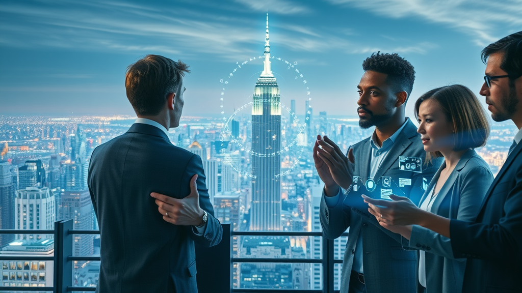 futuristic city skyline illuminated by AI-generated holograms and business professionals interacting with augmented reality interfaces - future of artificial intelligence