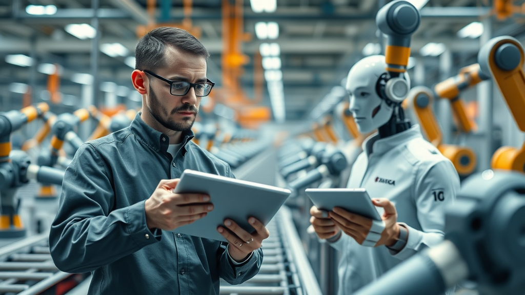 cutting-edge AI-powered robotics assembly line with engineers monitoring robots using smart devices - machine learning in manufacturing