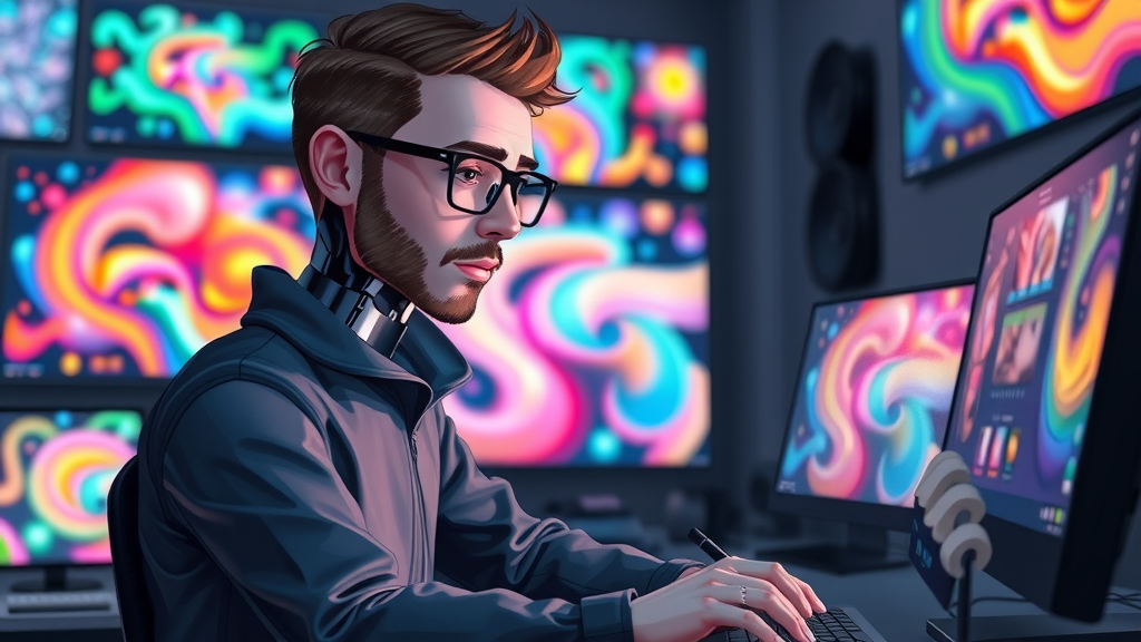 AI artist at a digital workstation creating abstract digital art using generative AI models - future of artificial intelligence in creativity