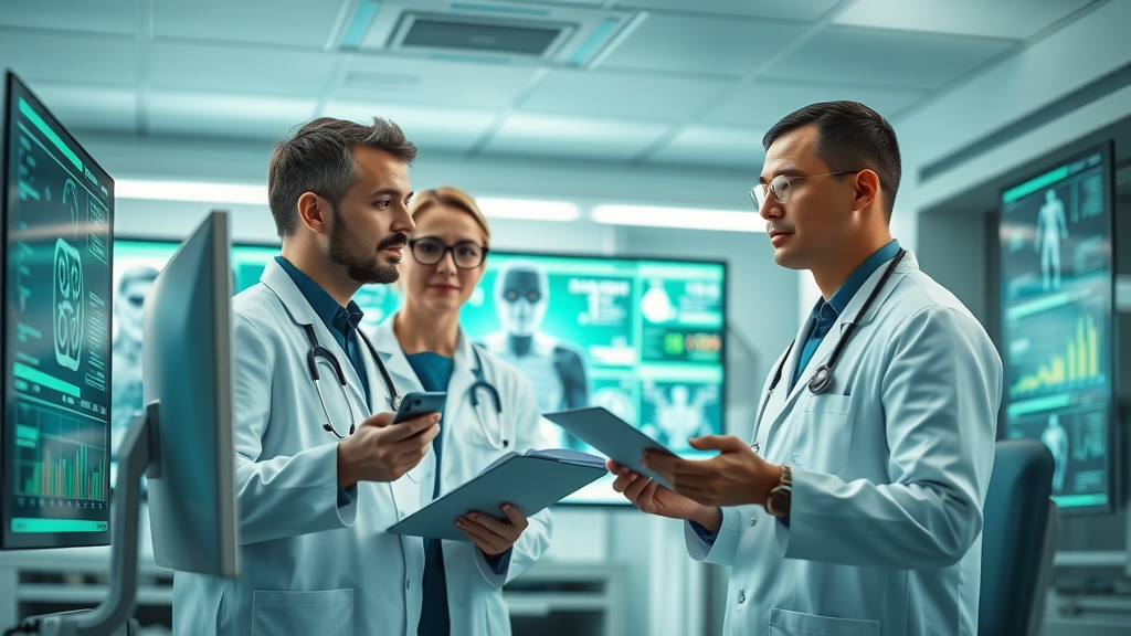 team of doctors and AI assistants analyzing patient data on futuristic medical screens - artificial intelligence revolutionizing healthcare