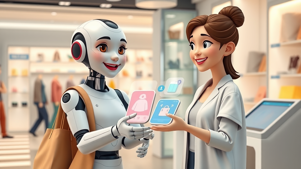 AI-powered retail assistant making product suggestions to a shopper in a modern boutique - future of ai in retail