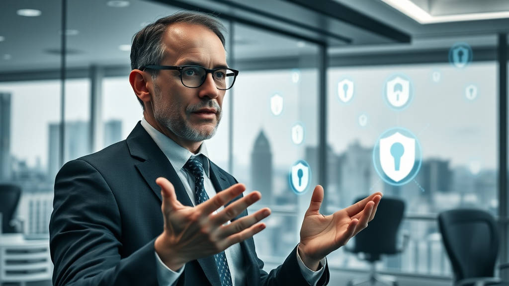 serious ethical AI expert discussing challenges in AI privacy and ethics - future of artificial intelligence security