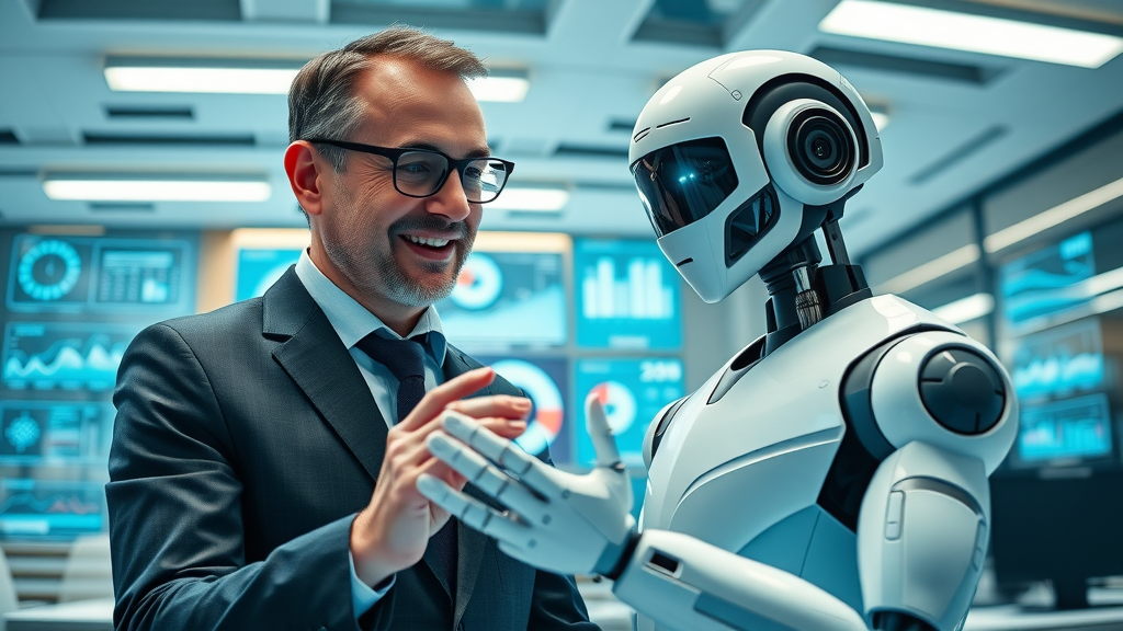 business leader working with AI humanoid strategizing over digital interface - future of ai collaboration