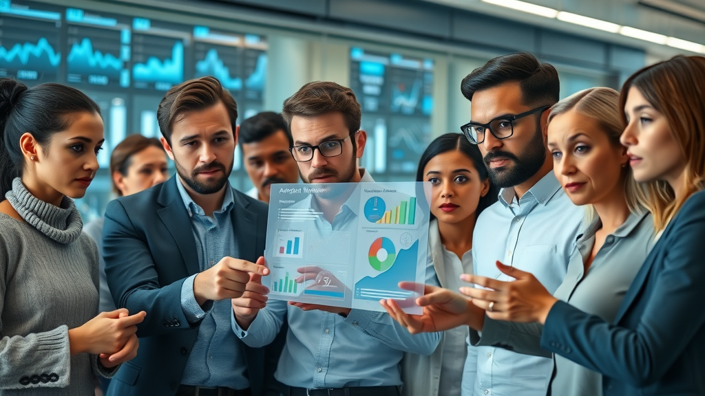 Group of professionals reviewing ethical challenges in AI-generated analytics