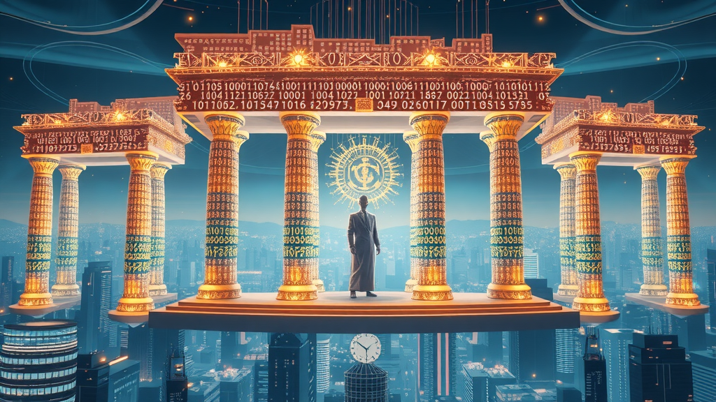Five pillars of AI ethics and challenges visualized as luminous digital arches