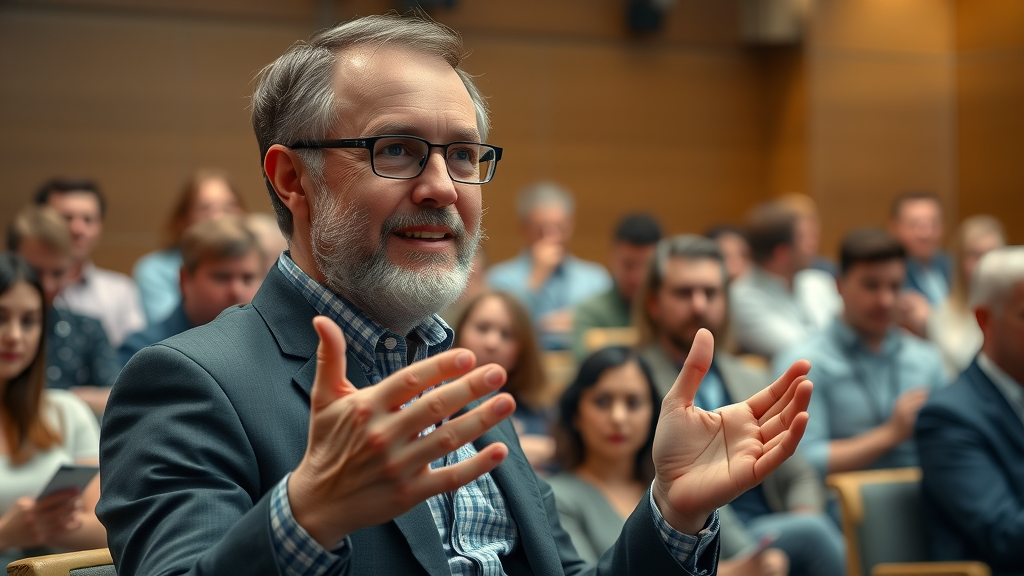 AI ethics expert passionately discussing ethical challenges and solutions to an attentive audience