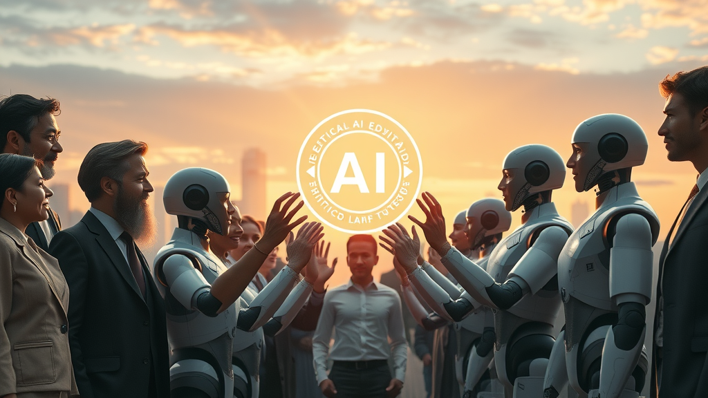 Diverse group with humanoid robots united for ethical AI and human rights