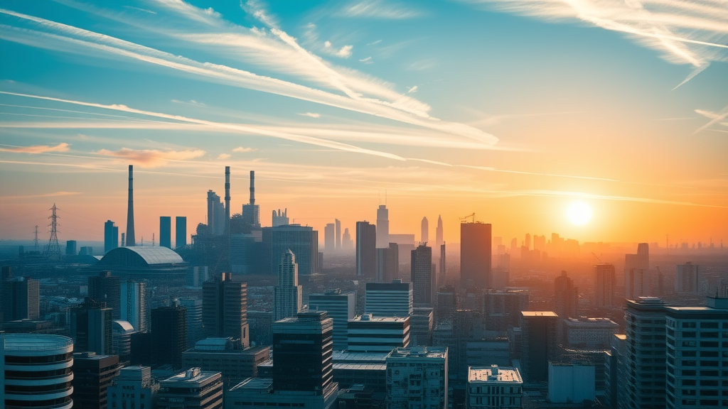 AI in industry sectors: Dynamic industrial skyline, diverse business buildings, sunrise glow, bustling city activity, photorealistic high fidelity lifelike, urban background with evolving factory complexes and corporate headquarters, highly detailed, cloud trails and morning commuters, cool blue with golden sunlight, soft morning lighting.