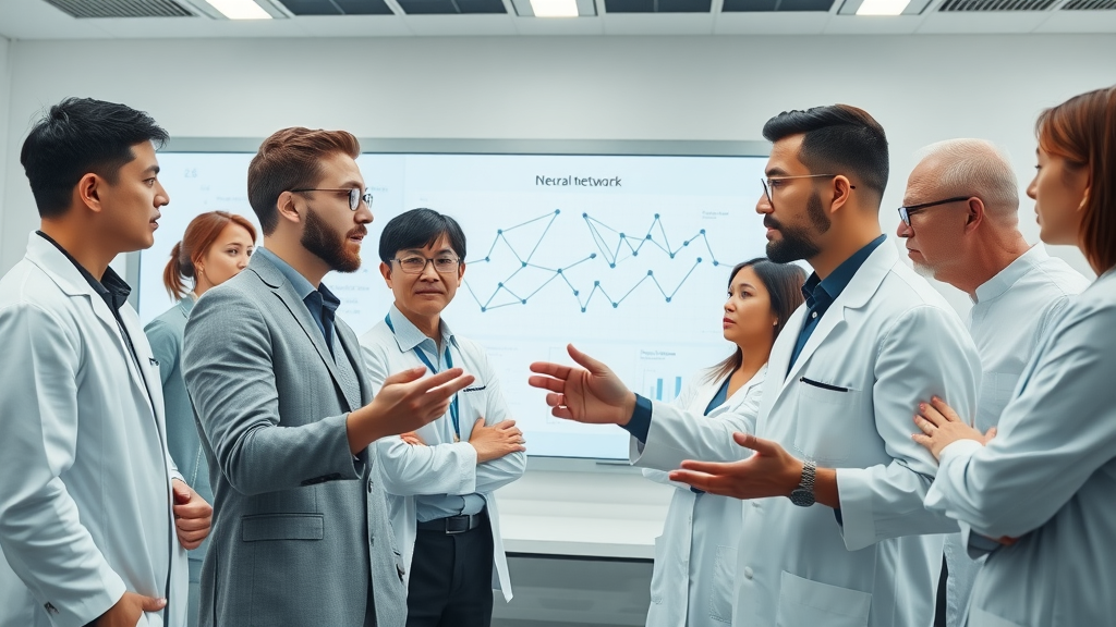 AI in industry sectors: Sleek modern laboratory, diverse professionals collaborating, neural network graphics, digital whiteboard background with data and algorithmic formulas, crisp white and gray color scheme, animated discussion.