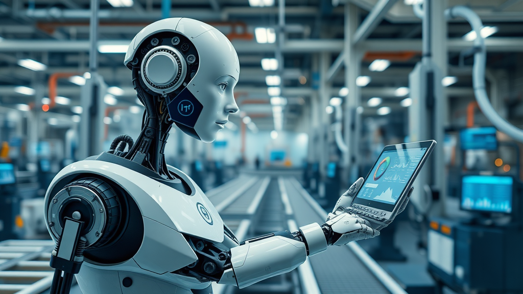 AI in industry sectors: High-tech robotic arm analyzing data, smart factory background, conveyor belts, screens with analytics, photorealistic detail, metallic blue and white.