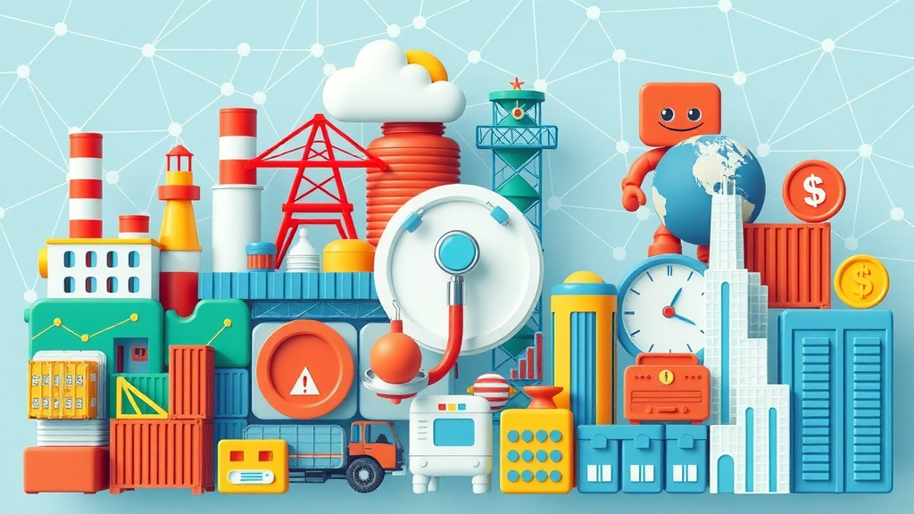 AI in industry sectors: Collage of industry sector icons (factory, oil rig, shipping container, stethoscope, financial graph, city buildings), vibrant 2D cartoon, digital networks backdrop.