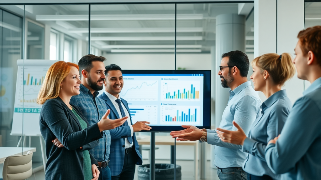 Dynamic marketers collaborating over social media video analytics in a modern office, showcasing social media video marketing strategies
