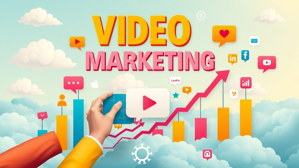 Infographic showing social media video marketing icons, engagement graphs, conversion icons, and strategy diagrams for maximizing social media video success