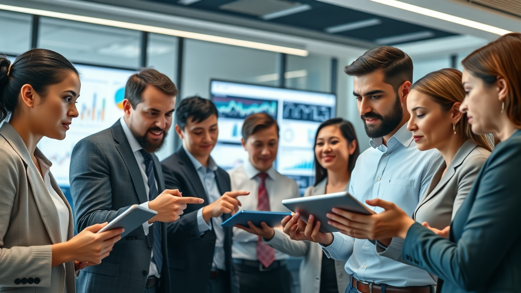 Business professionals examining social media video analytics, showcasing teamwork in video marketing strategy performance