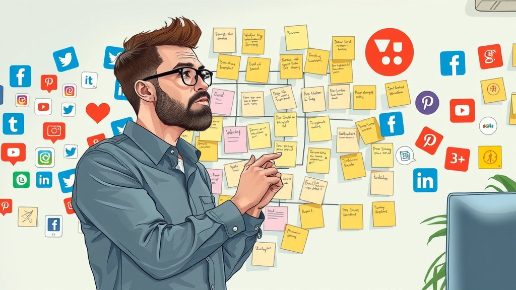 Marketing strategist arranging storyboard for video content in an office, highlighting planning in social media video marketing