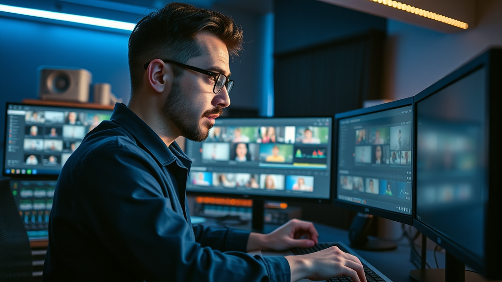 Professional video editor enhancing social media video clips, optimizing video production for marketing impact