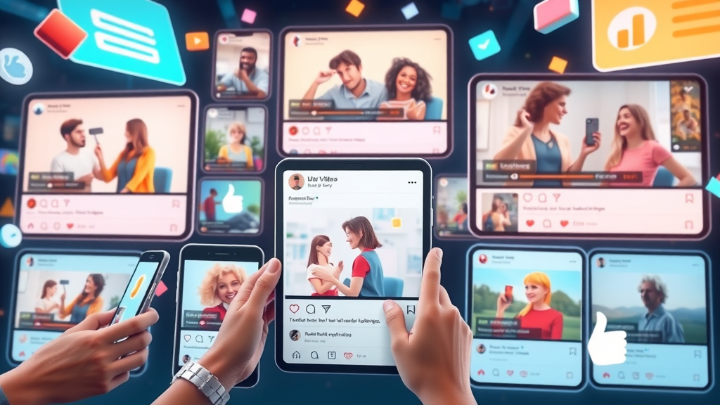 Animated montage of social media interfaces trending with short-form videos and user reactions, representing emerging social media video marketing trends