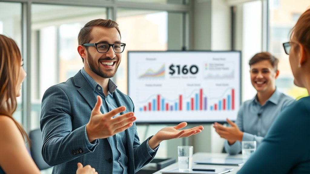 Successful marketing manager presenting video campaign growth results to a team, showcasing effective social media video marketing strategy