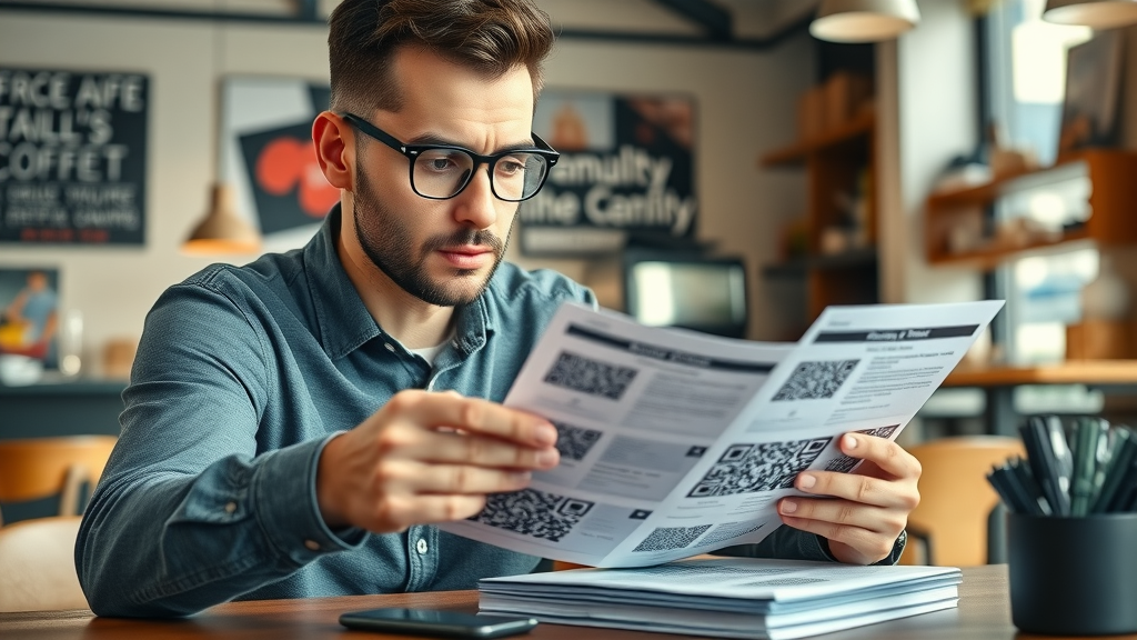 modern small business owner examining printed marketing materials on a desk, curious expression, reviewing QR code placements, Photorealistic High Fidelity Lifelike, urban coffee shop interior with branding visuals, highly detailed, dynamic paper textures, vibrant colors, natural daylight, shot with a 35mm lens