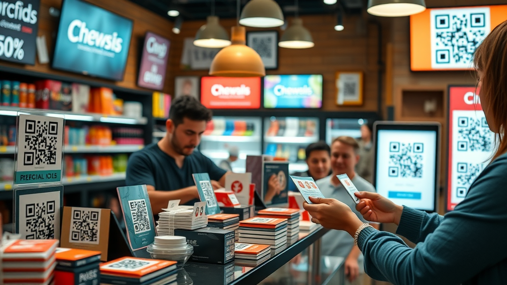small business owner comparing QR code generators on computer, focused expression, analyzing features on monitor, Photorealistic High Fidelity Lifelike, cozy home workspace with plants and coffee mug, highly detailed, active screens and sticky notes, warm earth tones, soft window light, shot with a 50mm lens