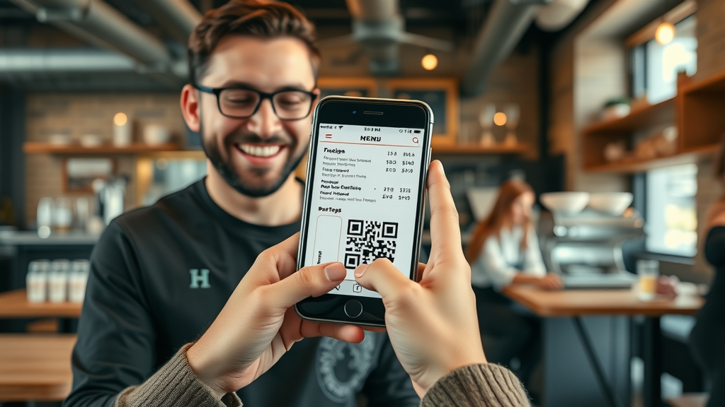 creative business cards, packaged products, and digital screens all featuring QR codes, vibrant and inviting scene, showcasing various QR code placements, Cinematic, retail counter with small business branding elements, highly detailed, movement of customers picking up products, contrasting brand colors, cool spotlighting, shot with a 35mm lens