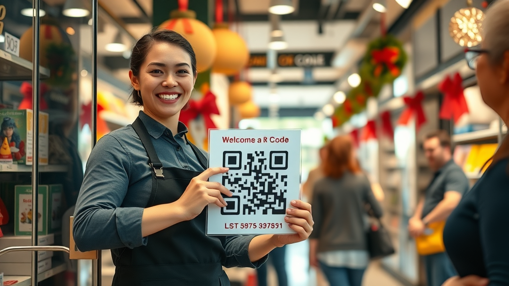 busy retail store scene, multiple QR codes displayed, staff assisting customers, friendly engagement, 3D Cartoon, colorful store environment with product displays, highly detailed, shifting shopper activities, bold store colors, ambient overhead lighting, shot with a 24mm lens
