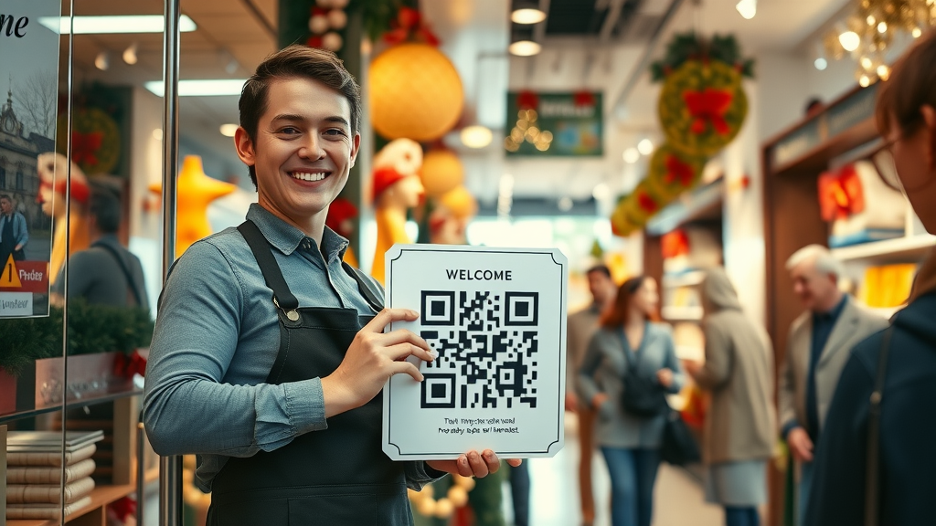 enthusiastic staff member placing a promotional QR code sign at store entrance, welcoming smile, inviting gesture, Cinematic, vibrant shop with seasonal decorations, highly detailed, movement of customers entering, rich bright colors, midday sun streaming in, shot with a 35mm lens