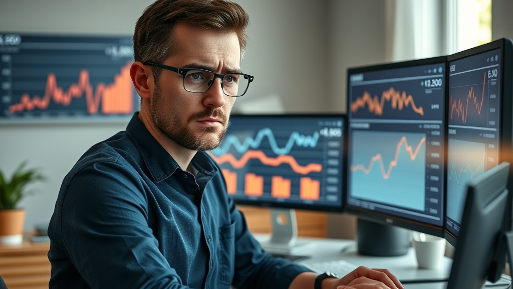 concerned digital marketer analyzing falling website traffic due to ai overviews google, detailed home office with analytics