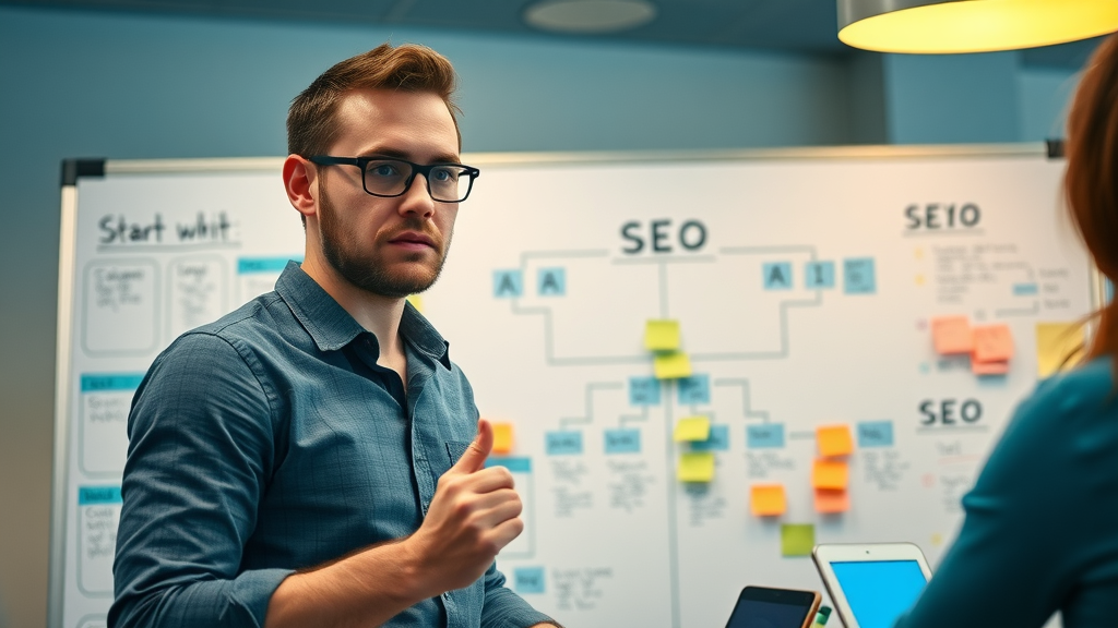 content strategist planning seo and ai overview survival strategies for google ai overviews on whiteboard