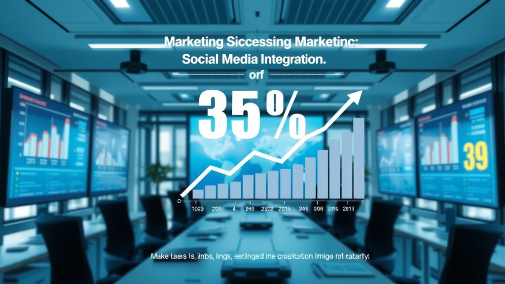 Increase in marketing success after integrating social media with digital marketing, showing animated charts, corporate office setting, and digital screens