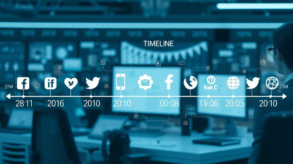 Timeline of the evolution from early social media icons to integrated digital marketing, set over a modern tech workspace