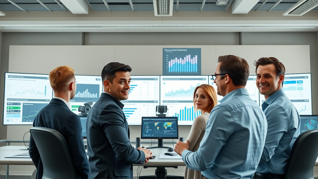 Team in a modern office monitoring social media dashboards for brand visibility and engagement metrics