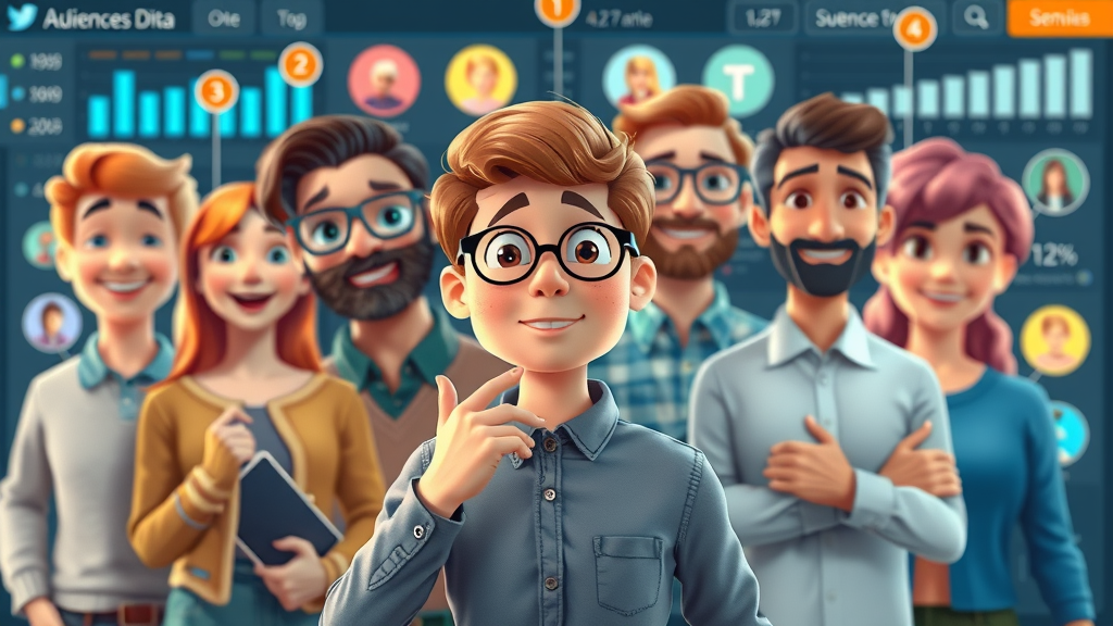 Diverse target audience illustration connected to multiple social media platforms, reflecting data analysis and demographic insights