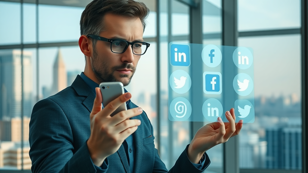 Marketer analyzing and comparing social media platform options on interactive displays for optimal marketing strategy alignment