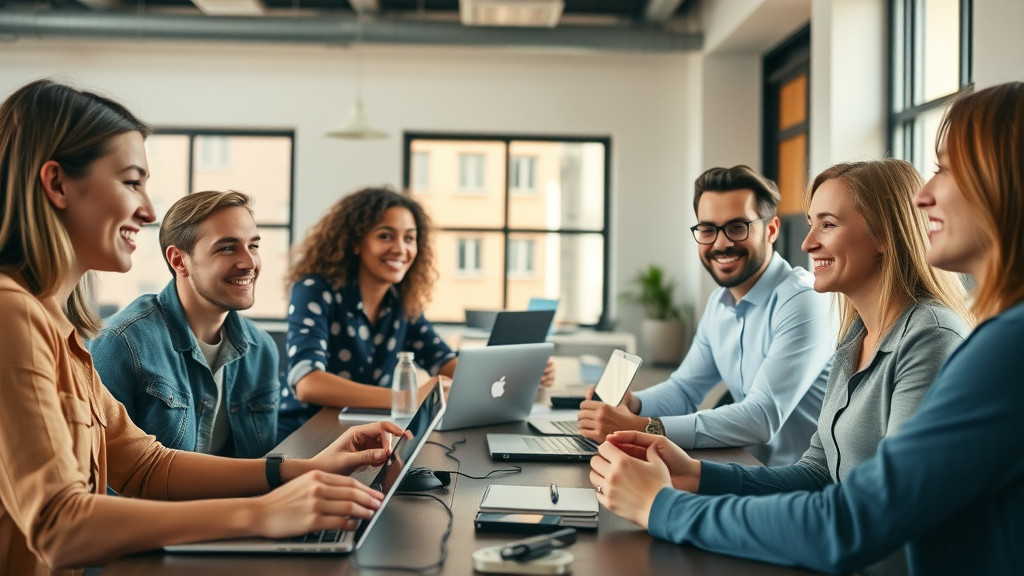 Collaborative team meeting merging social media and digital marketing insights for unified management