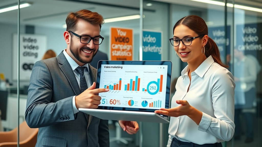 business professionals analyzing video in email marketing campaign statistics, modern office setting