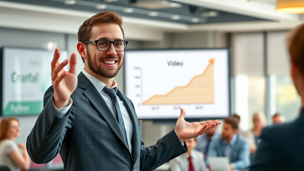 animated marketer showing video in email campaign performance trends, business audience