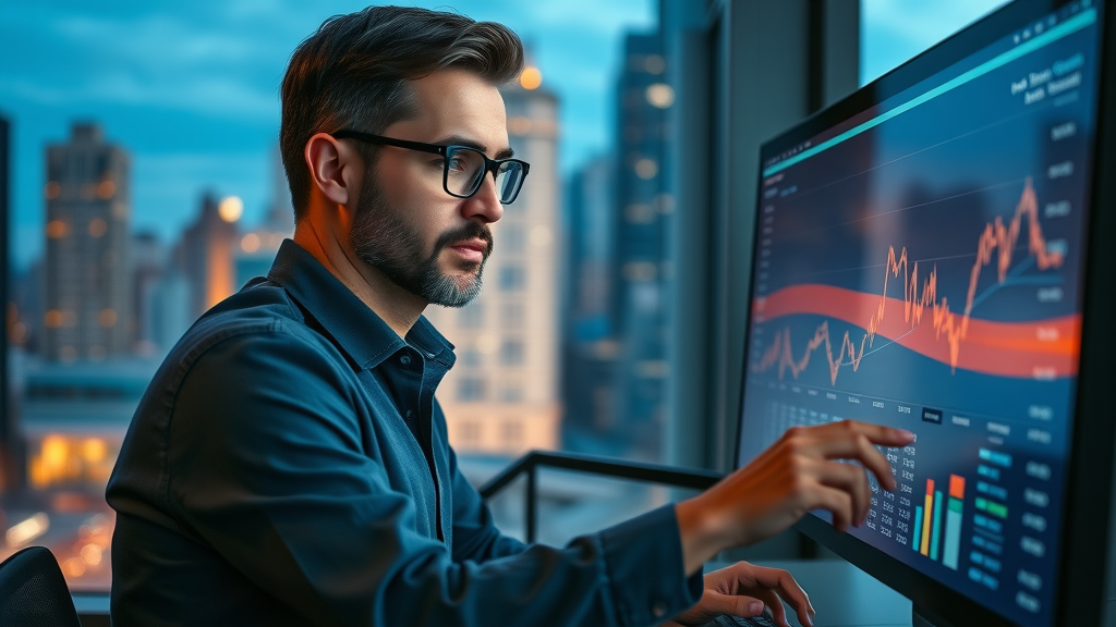 marketer reviewing video in email marketing campaign analytics, charts on monitor