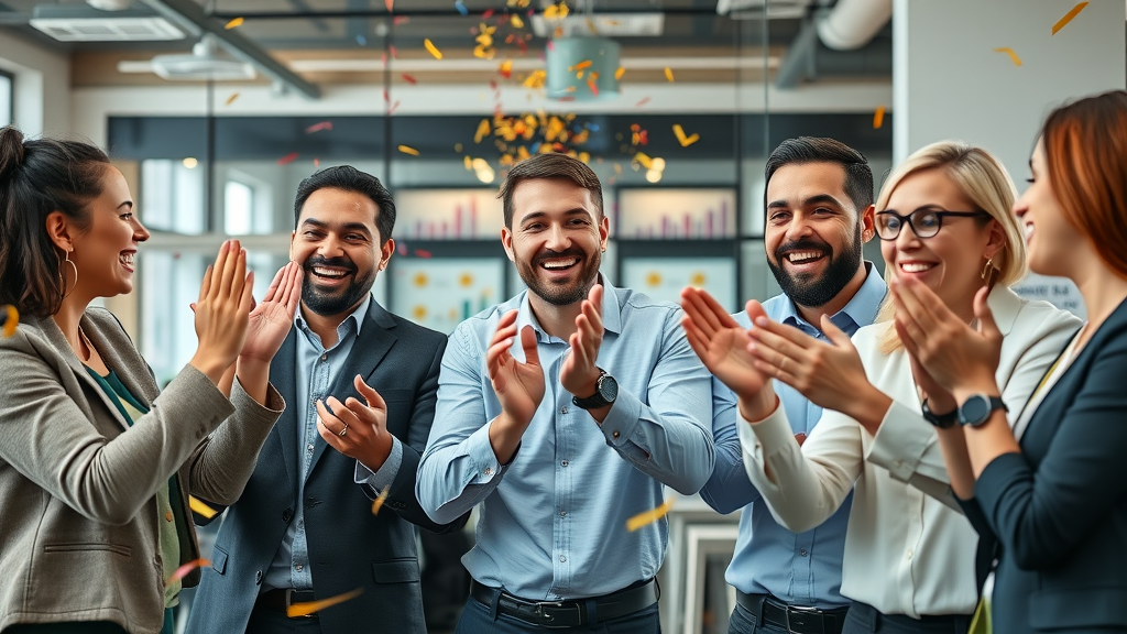 business teams celebrating successful video in email marketing campaign with charts and confetti